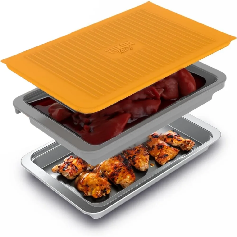 

Stackable BBQ Prep & Serve Tray Set with Marinating Tray, Lid & Stainless Steel Platter - Dishwasher Safe Grill Gift