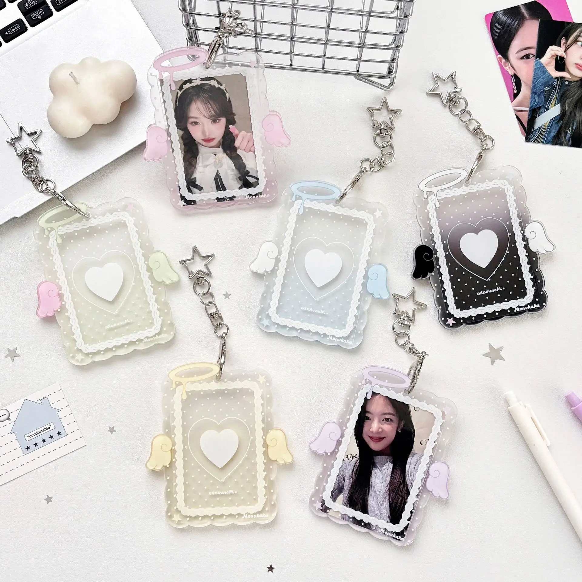 MINKYS 3 inch Transparent Clear Acrylic Angel Wings Kpop Photocard Holder Photo Card Holder Bag Pendant School Stationery