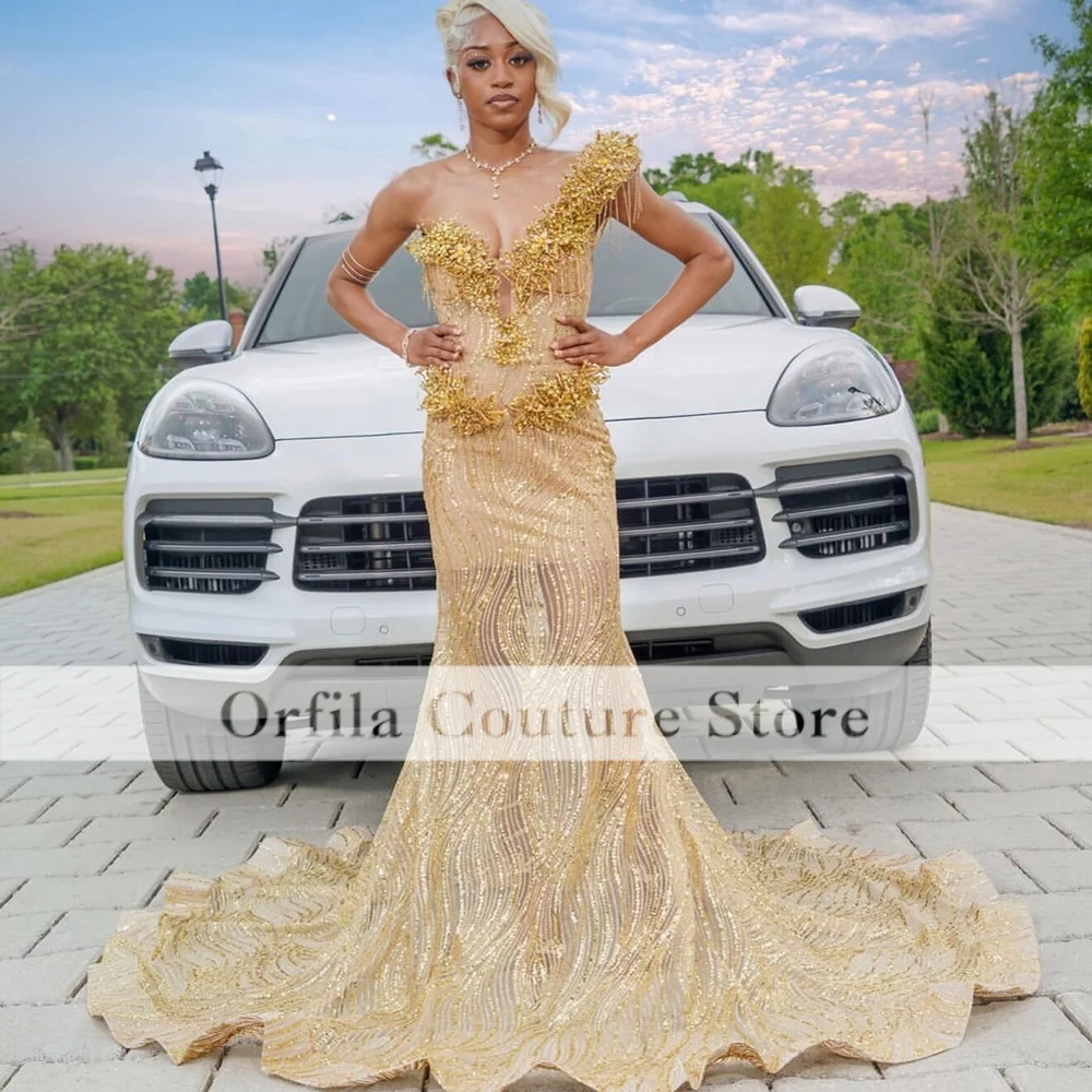 Gold Prom Dresses Black Girls 2026 One Shouder Mermaid Luxury Sequins Beading Evening Gowns Gala Gown Customized