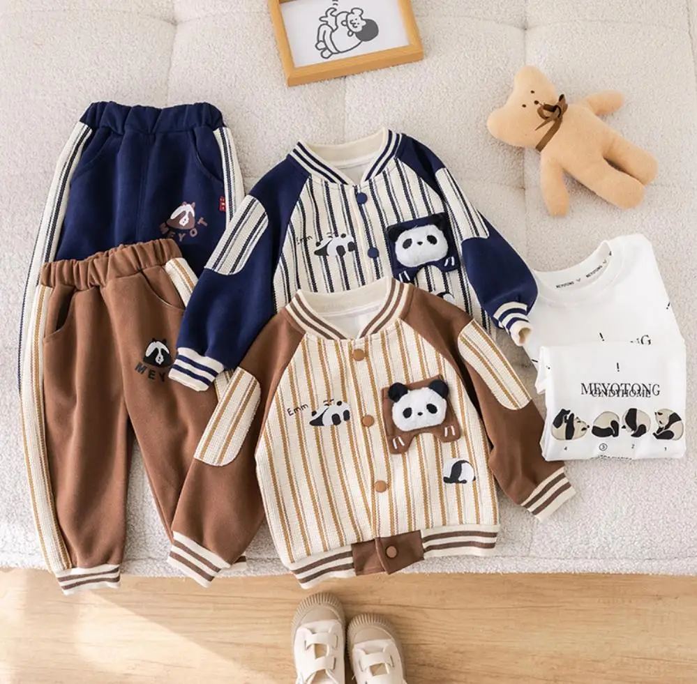 Boys Christmas Outfits 6 To 9 Months Korean Fashion Baby Sets Cartoon Vertical Strip Jackets+T-shirts+Pants Toddler Boy Clothes