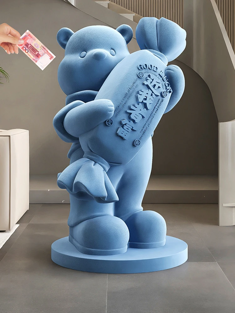 Home Decor Cartoon Flocking Bear Statue Floor Decor Nordic Style Living Room Large Welcome Sculpture Ornaments Children's Gifts