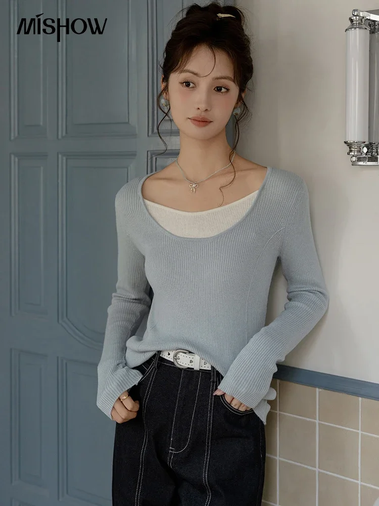 MISHOW Fake Two O-neck Tops Wool Blend Knitted Sweaters for Women Autumn 2024 Slim Inner Base Top Patchwork Sweater MXD41Z0741