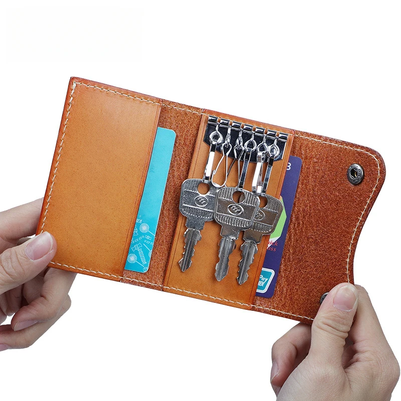 New model Handmade key pouch for waist with vintage leather strap and card slot for household use