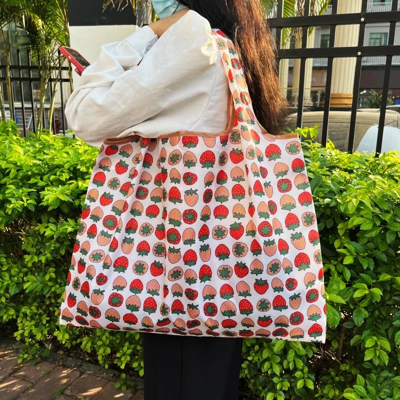 Fashion Pocket Tote Women Bag Eco-Friendly Folding Shopping Bag Reusable Portable Shoulder Handbag for Travel Supermarket