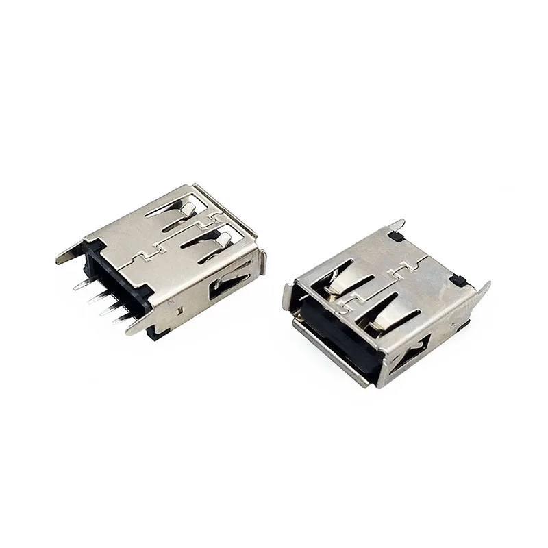 USB 2.0 vinyl 4-pin female connector with rolled edges and straight pins. USB connector type A, 180-degree upright, L = 15mm.