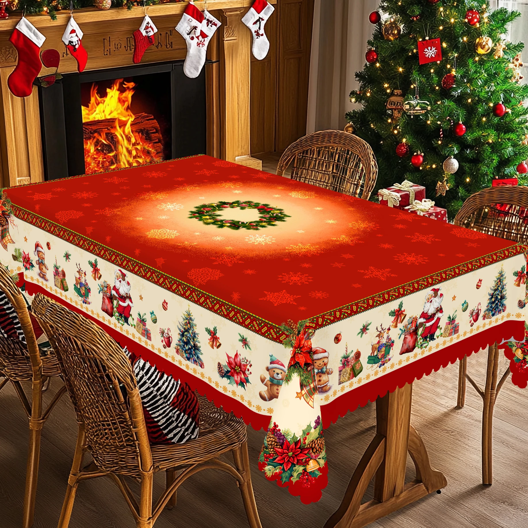 1 pièce de nappe ronde et rectangulaire de Noël, différentes tailles, nappe rouge au design imprimé couronne de Noël, décoration de nappe de patio de Noël, adaptée à l'usage quotidien de la cuisine et du patio, cadeau
