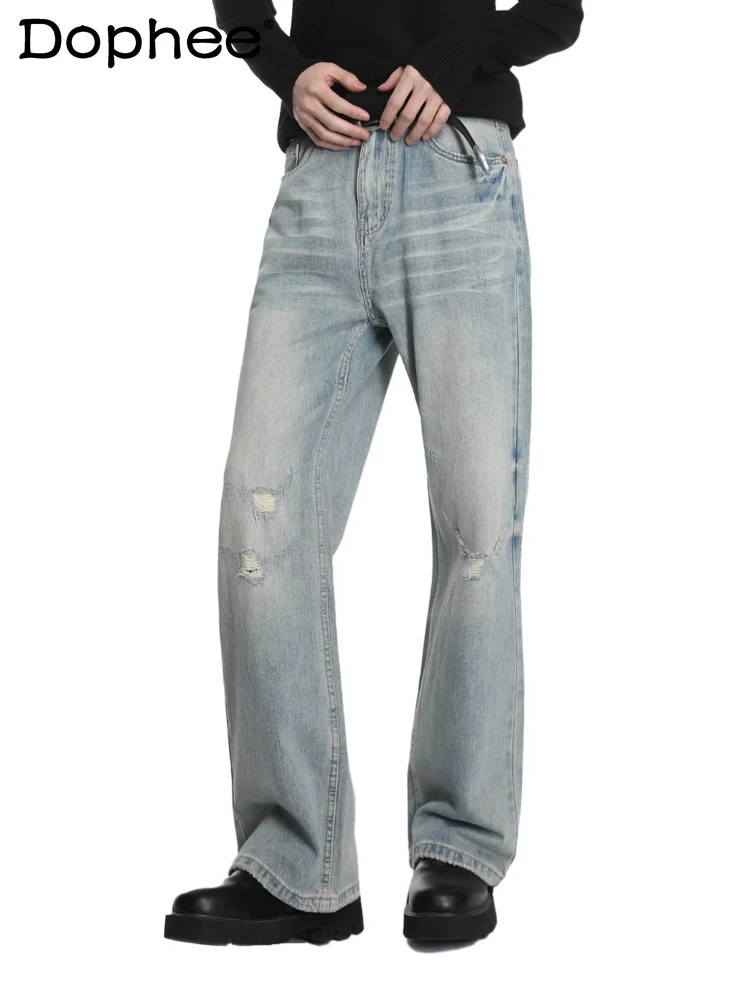 

Men's 2026 Spring Fashion Hole Zipper Jeans Loose Straight Wide Leg Pants Simple Solid Color Pocket Decoration Denim Trousers
