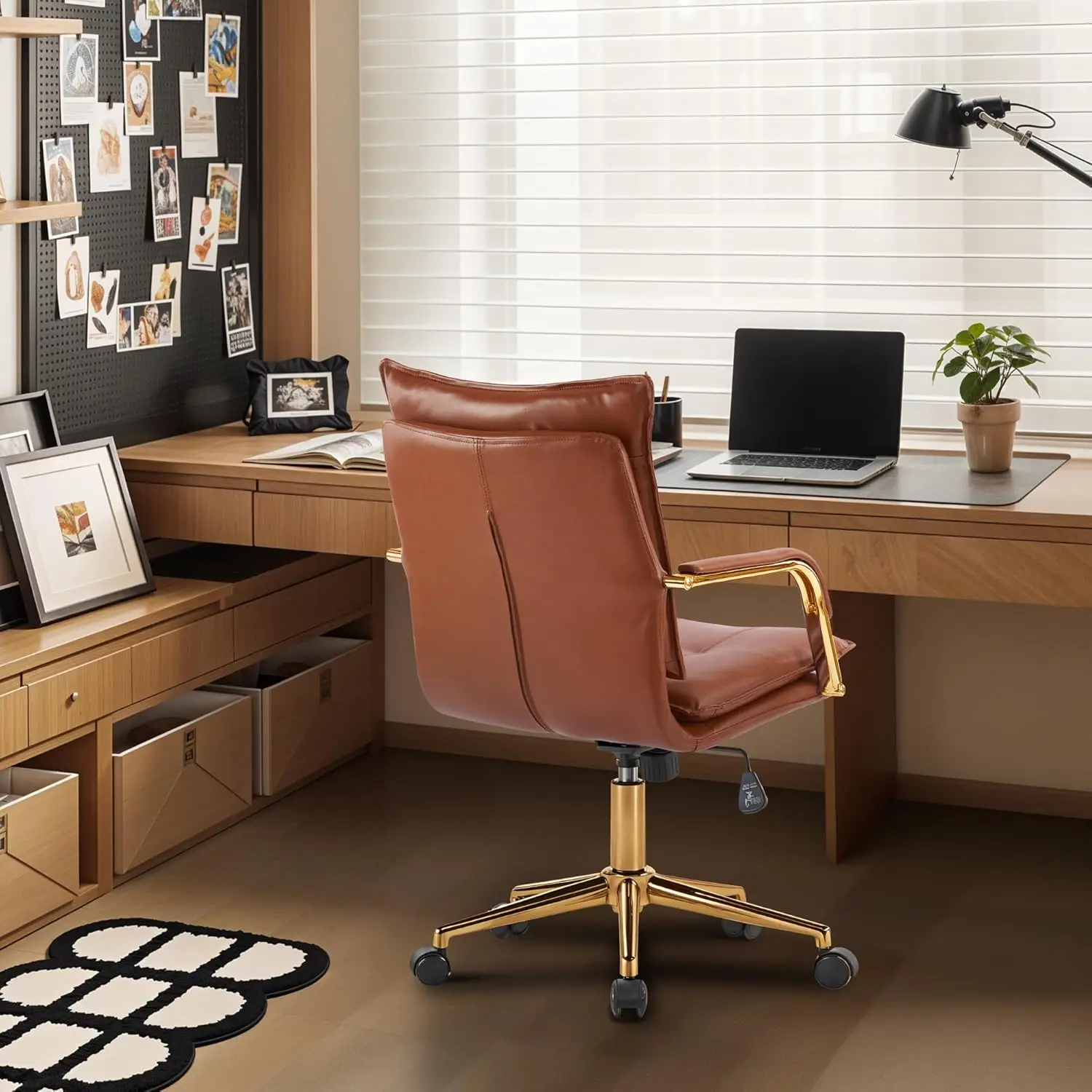 Mid-Back Ergonomic Leather Office Chair, Gold Frame Executive Task Chair (Caramel)