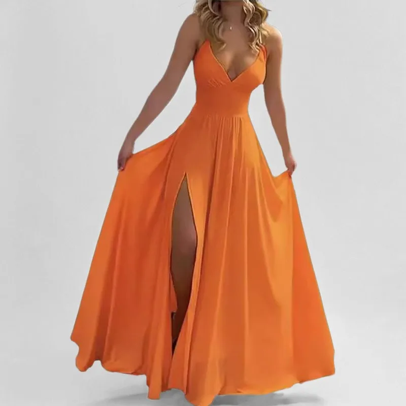 

2025 New Fashion Solid Color Suspender Sexy Deep V Slim Waist Slit Large Sling Dress Women's High Waist Floor Long Dance Dress