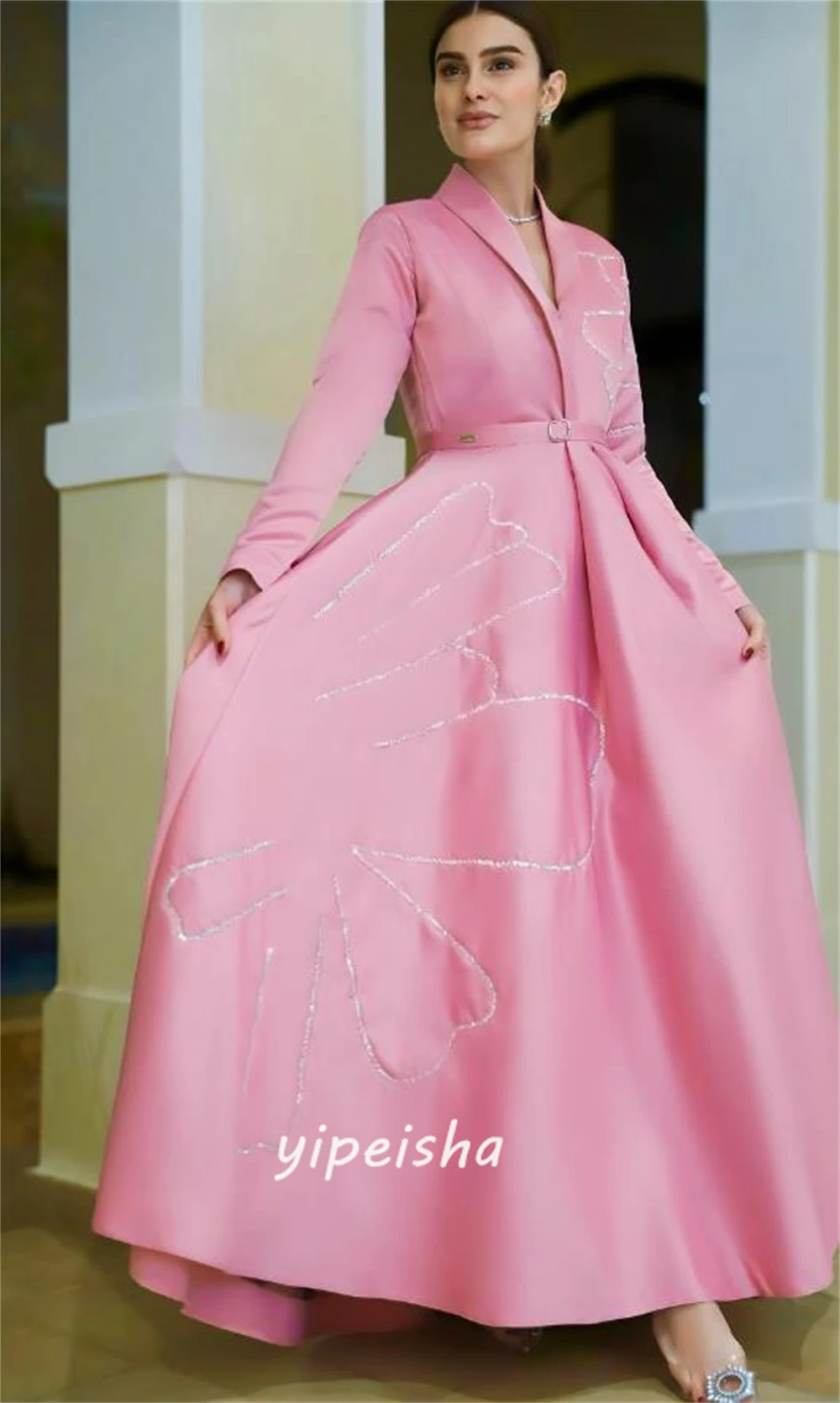 Robe de Bal en Satin pour Femme, Tenue de Soirée Classique, Style Moderne, Arabie Saoudite, Col en V, Perles, sur Mesure