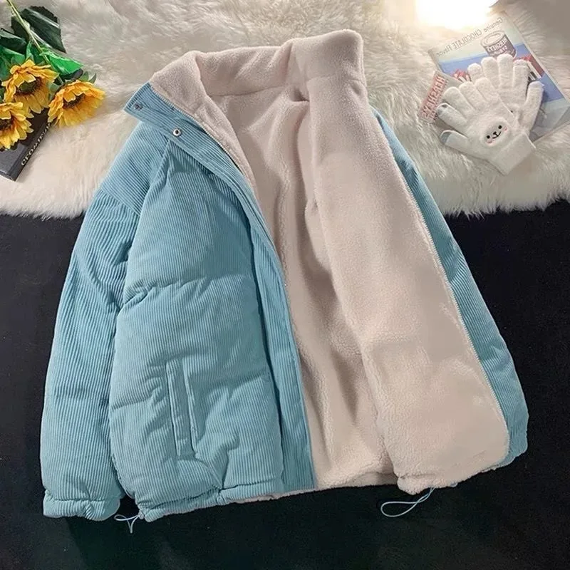 Retro Oversize Corduroy Jaet Women's Thiened Lamb Fur Lined Cotton Padded Coat Student Two-Way Wear Loose Fit Korean Sle