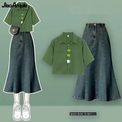 Women Summer Chic Floral Green Shirts 2023 New Lady Fashion Short Sleeve Top Mermaid Denim Skirts Two Piece Set Trendy Outfits