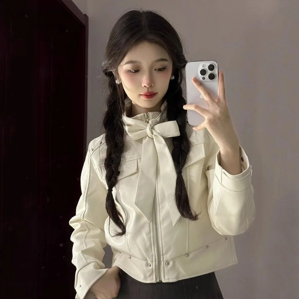 女性用ハイネックレザージャケット,韓国,ヒップホップ,リボン,レースアップ,オートバイコート,y2k puアウター,レトロ,原宿,春