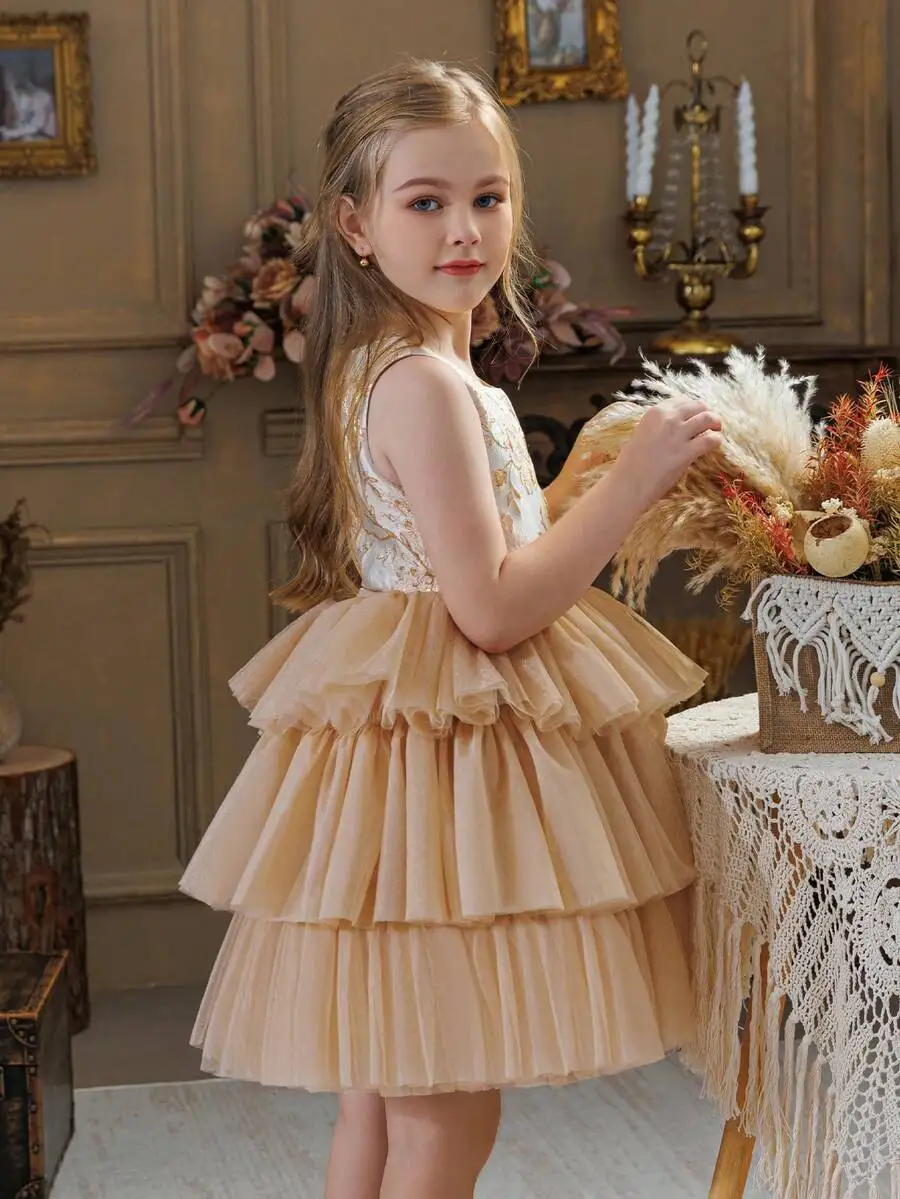 

Champagne Tulle Tiered Ruffle Princess Dress For Formal Evening Cocktail Party