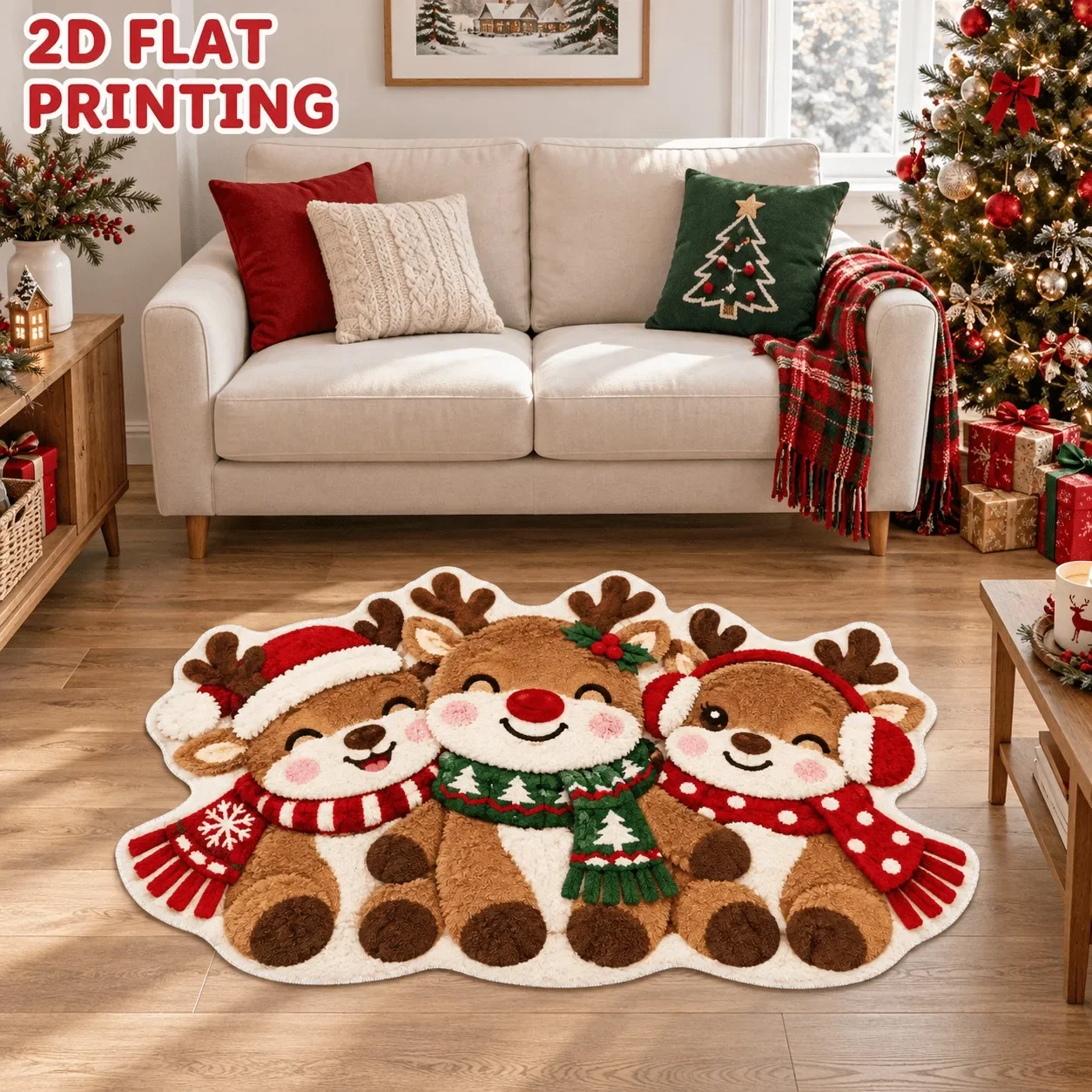 Red Xmas Santa Snowman Pattern Rug Christmas Room Decor Floor Mat lovely holiday decor to bring warm festive vibes to your spac