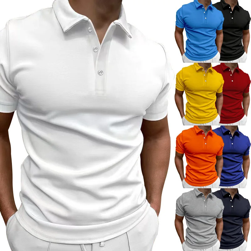 

2025 cross-border summer men's solid color short sleeved polo shirt casual slim fit lapel button up shirt for men