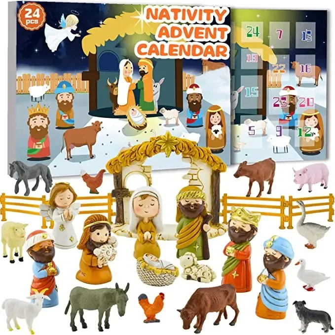 

Nativity Scene Advent Calendar Box Resin Craft Jesus Nativity Figurine Model 24 Days Christmas Countdown Calendar Gift Box