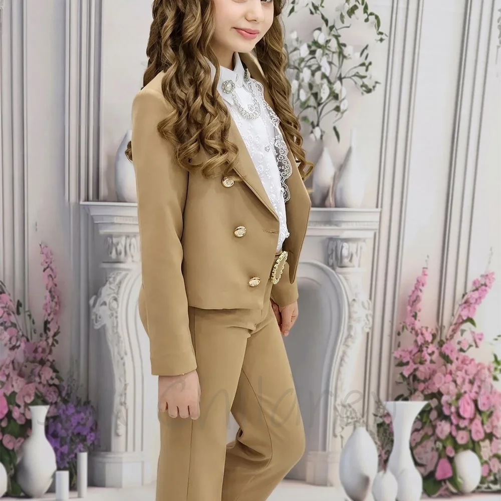 

Однотонный костюм цвета хаки для девочек, детская одежда, двубортный элегантный формальный смокинг для свадебной вечеринки по индивидуальному заказу (пиджак + брюки)