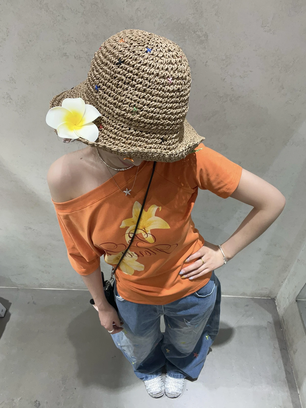 Sakura Sweet Spicy Orange Shoulder Bared Short Sleeve T-Shirt Women's Slimming Versatile Floral Slant Collar Casual Top
