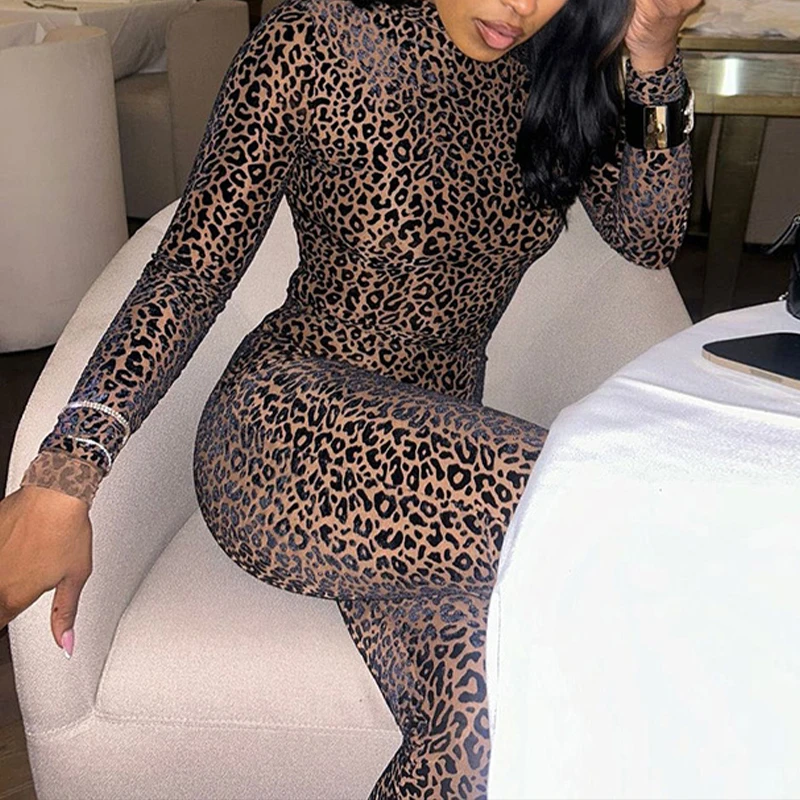 OMSJ Midnight Leopard Sexy Jumpsuits For Women Full Sleeved High Collar Zip Stretchable Tight Package Hip Rompers Club One Piece