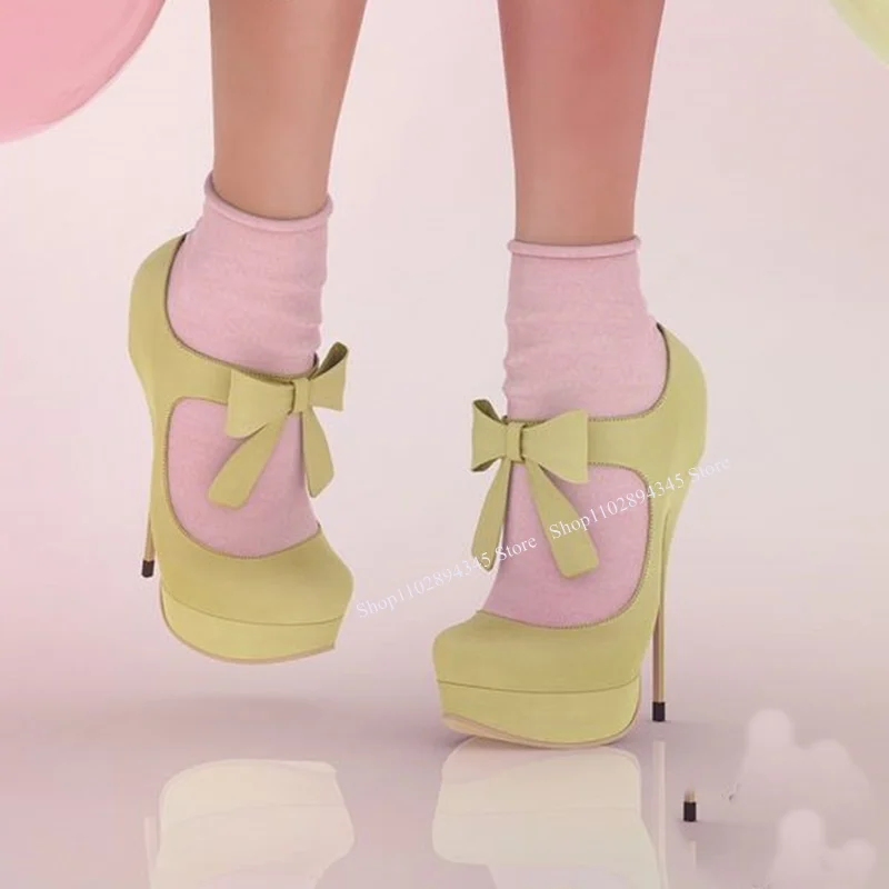 

Yellow Bow Knot Platform Pumps Pointed Toe Thin High Heel Fashionable Sexy 2024 Summer Big Size Woman Shoes Zapatillas Mujer