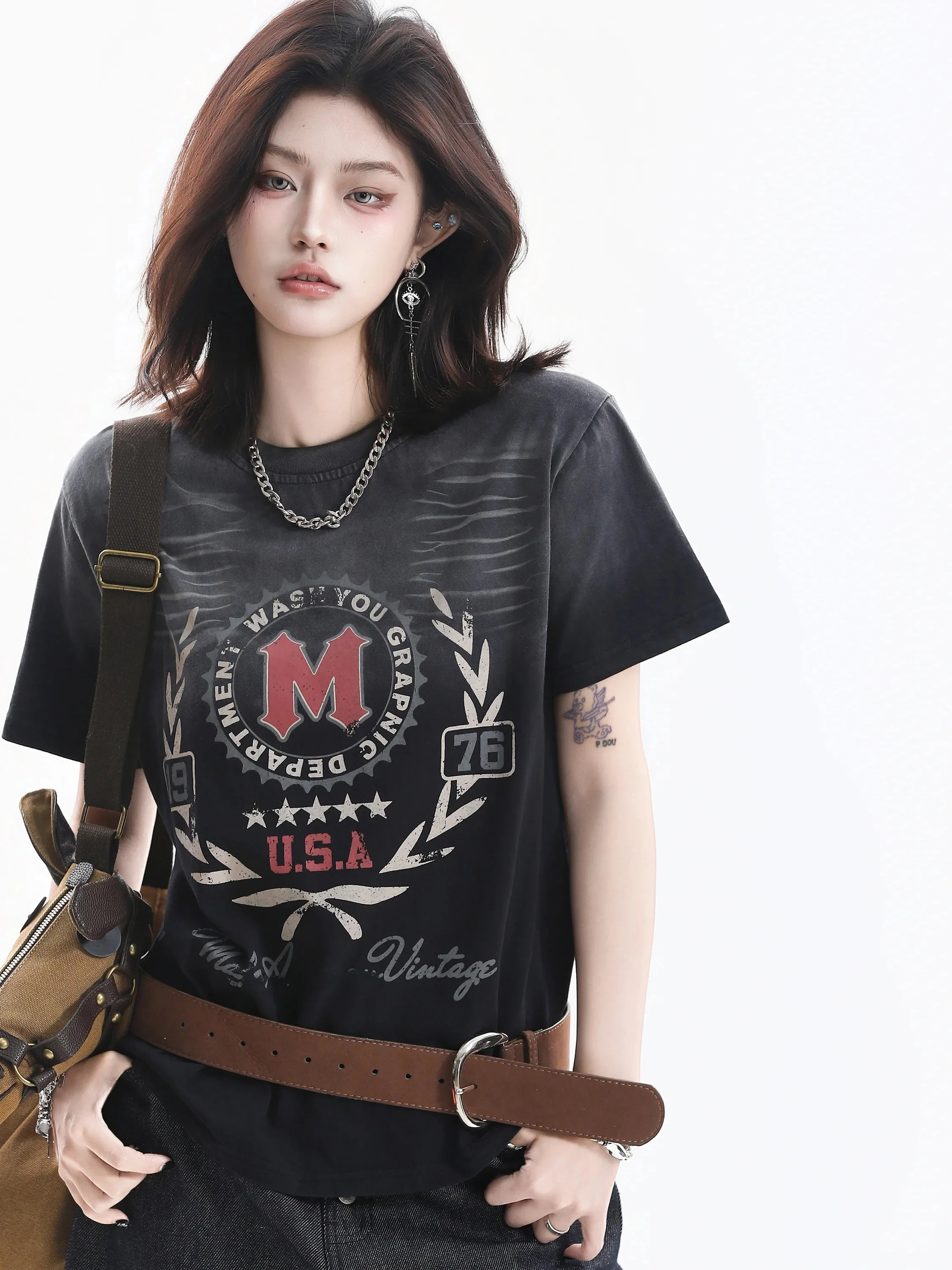 

Retro Gradient Short Sleeve T-Shirt Women's Oversize American Style Street Fashion Small Ball Street Style Vintage Cotton Top
