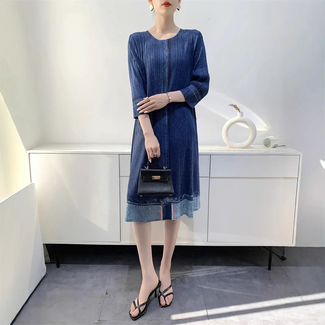 YUDX Women's Dress Denim Color Printed Seven Sleeve Medium Long Pleated Skirt 2024 Autumn New image 4