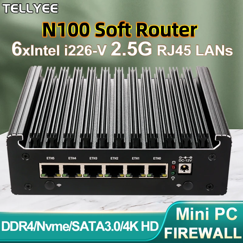 Intel N100 Soft Router 6 Lans i226-V 2.5G Fanless Mini PC COM HD DP USB Type-C pfSense Firewall Appliance OPNsense ESXi Computer