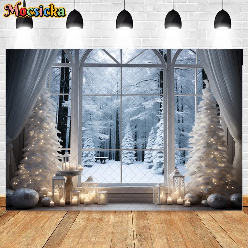 Mocsicka-Fondo de fotografía de invierno y Navidad para niños, ventana de nieve, bosque, árbol de Navidad, retrato familiar, decoración de estudio