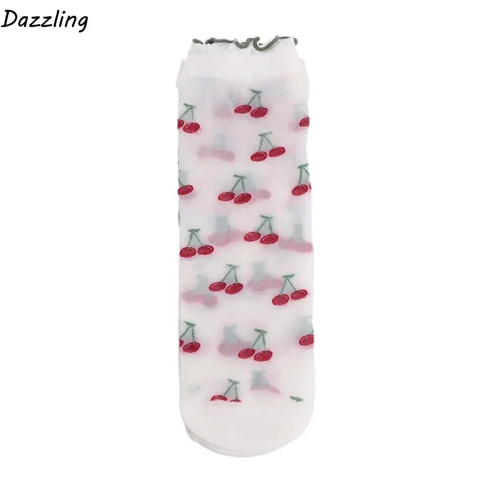 

Peach Strawberry Glass Silk Ruffle Socks Avocado Cherry Transparent Flower Ruffle Socks Korean Ins