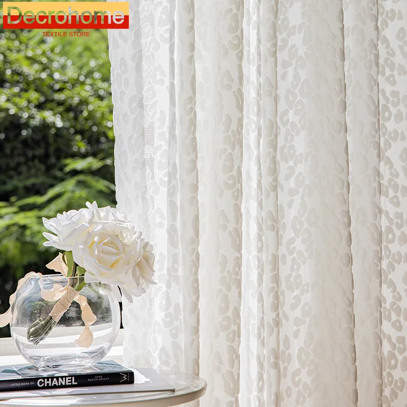 

Индивидуальные леопардовые шторы с точечной вышивкой, флокированные белые оконные шторы для гостиной, французского окна, балкона