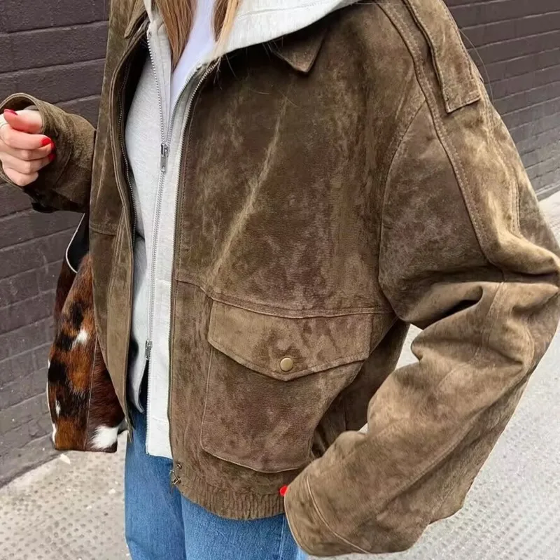

2025 Early Autumn New Women's Fashionable Suede Like Texture Pilot Zipper Jacket Solid Color Top Stylish Jackets Coats