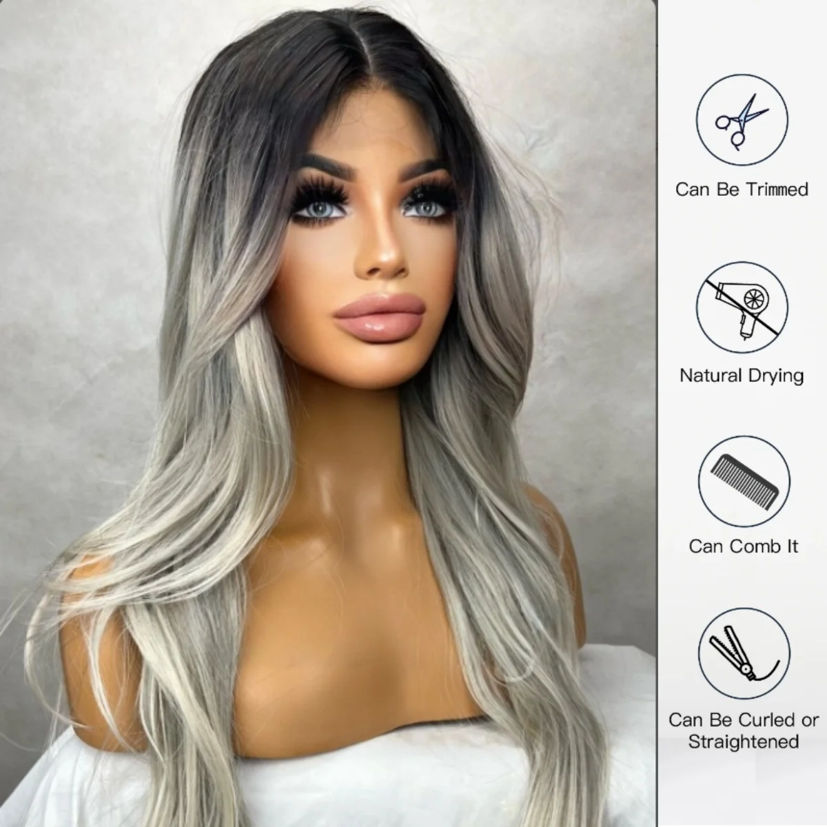 

Ombre Ash Platinum Synthetic Lace Front Wig With Dark Root Soft Hairline Highlight Glueless Women's Cheap Wig Daily Party Used
