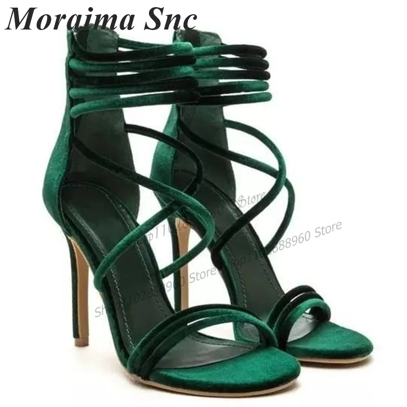 

Narrow Band Green Flock Sandals Cover Heel Stilettos High Heel Shoes For Women Back Zipper Open Toe 2023 Zapatos Para Mujere