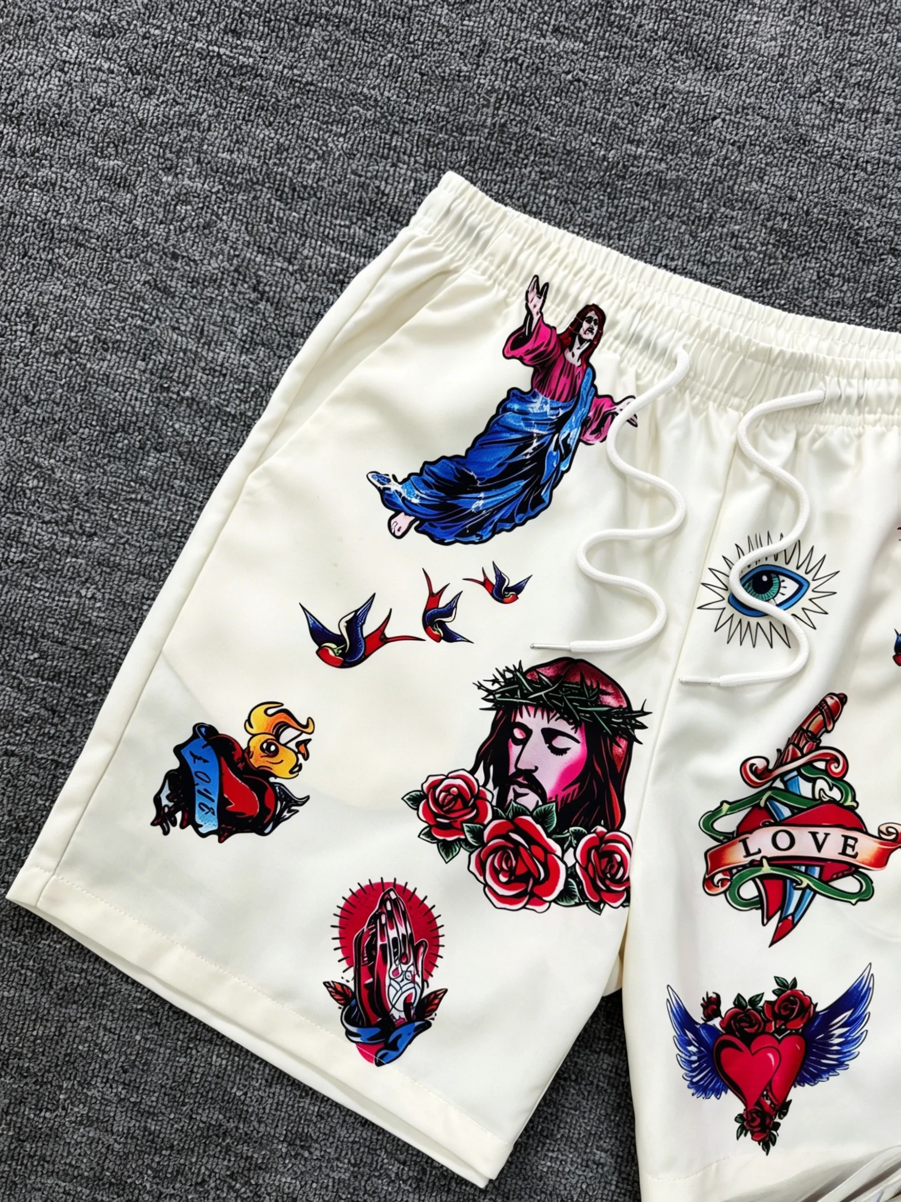 2026 New Off White Christian Tattoo Print Mens Shorts Elastic Waist Running Workout Gym Sports Male Casual Shorts