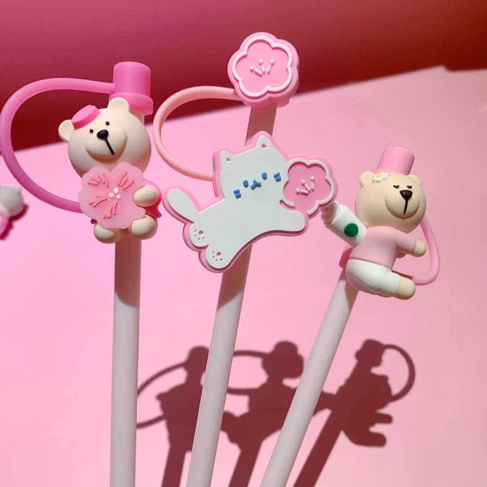 1PC Pink Bear Straw Stoppers for 6-8mm Straws Silicone Straw Cover Caps Dust-Proof Kawaii Cartoon Bottle Stopper