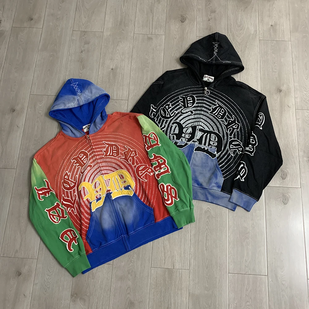 Streetwear Patchwork Letter Embroidery Zipper Terry Hooded Hoodie for Men Distressed Hole Cardigan Sweatshirt Jacket Oversized