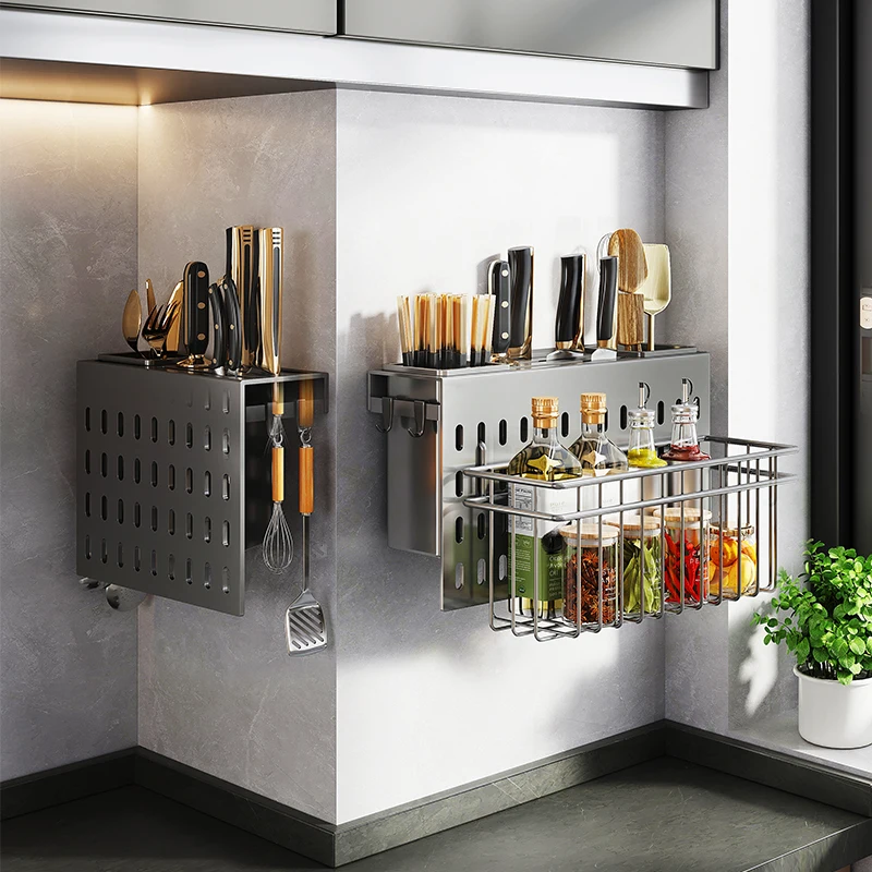 

Kitchen Organizer Shelf Wall-mounted Spice Storage Rack Kitchen Knife Holder Wall Seasoning Chopstick Spoon Shovel Storage Sheif