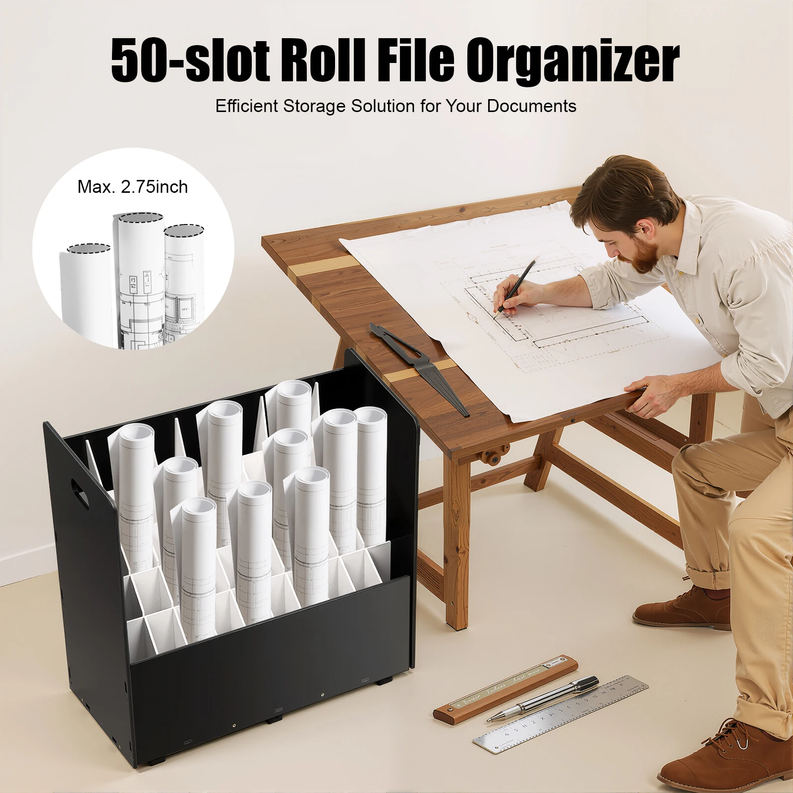 

50 Slot Movable Roll File Cart Blueprint File Organizer with Lockable 6Wheels 5 Tier Rolling Storage Cart Pair Gloves Screwdrive
