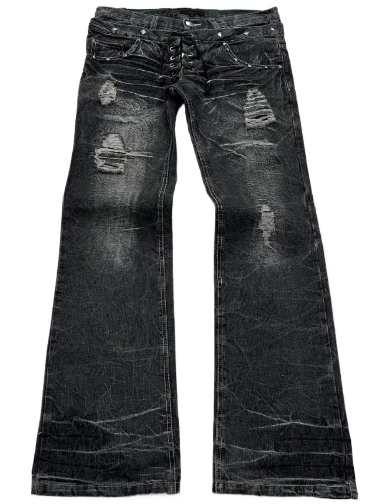 

HOUZHOU Gothic Y2k Vintage Jeans Women Punk Hip Hop Washed Denim Trousers Grunge Lace Up Black Retro Wide Leg Jeans Streetwear