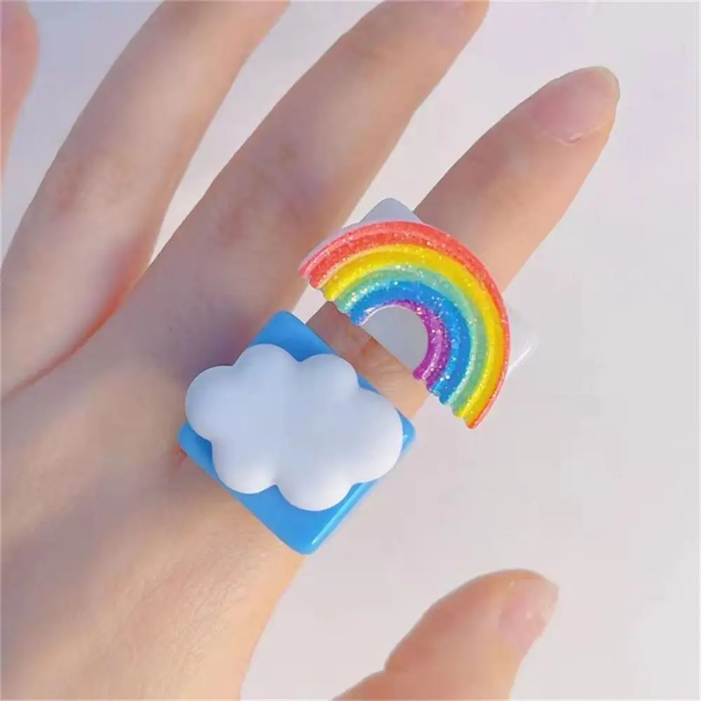 New Cute Cartoon Smiling White Cloud Rainbow Resin Acrylic Rings For Women Girls Funny Children Finger Ring Summer Jewelry Gift