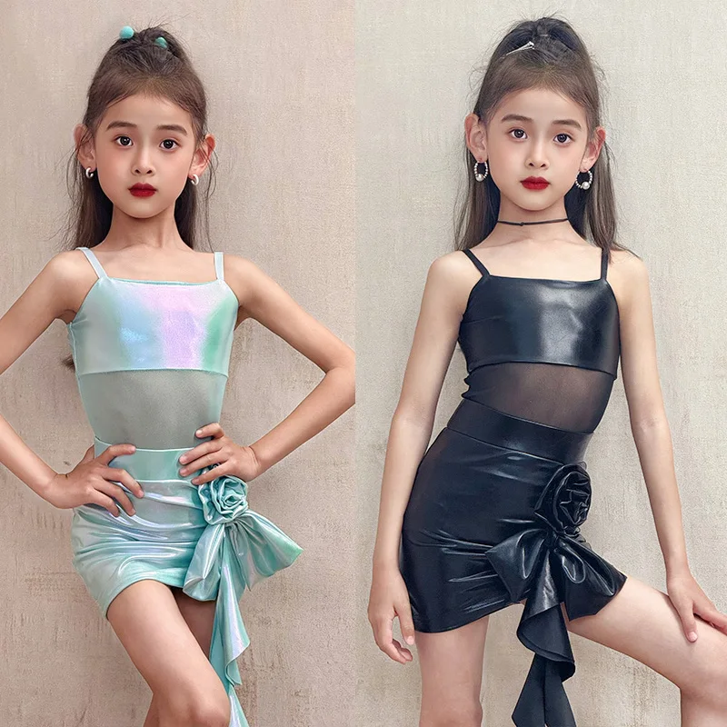

2025 Kids Latin Dance Clothes Summer Girls Practice Dress Sleeveless Black Rumba Cha Cha Dance Dress Performance Wear DNV23645