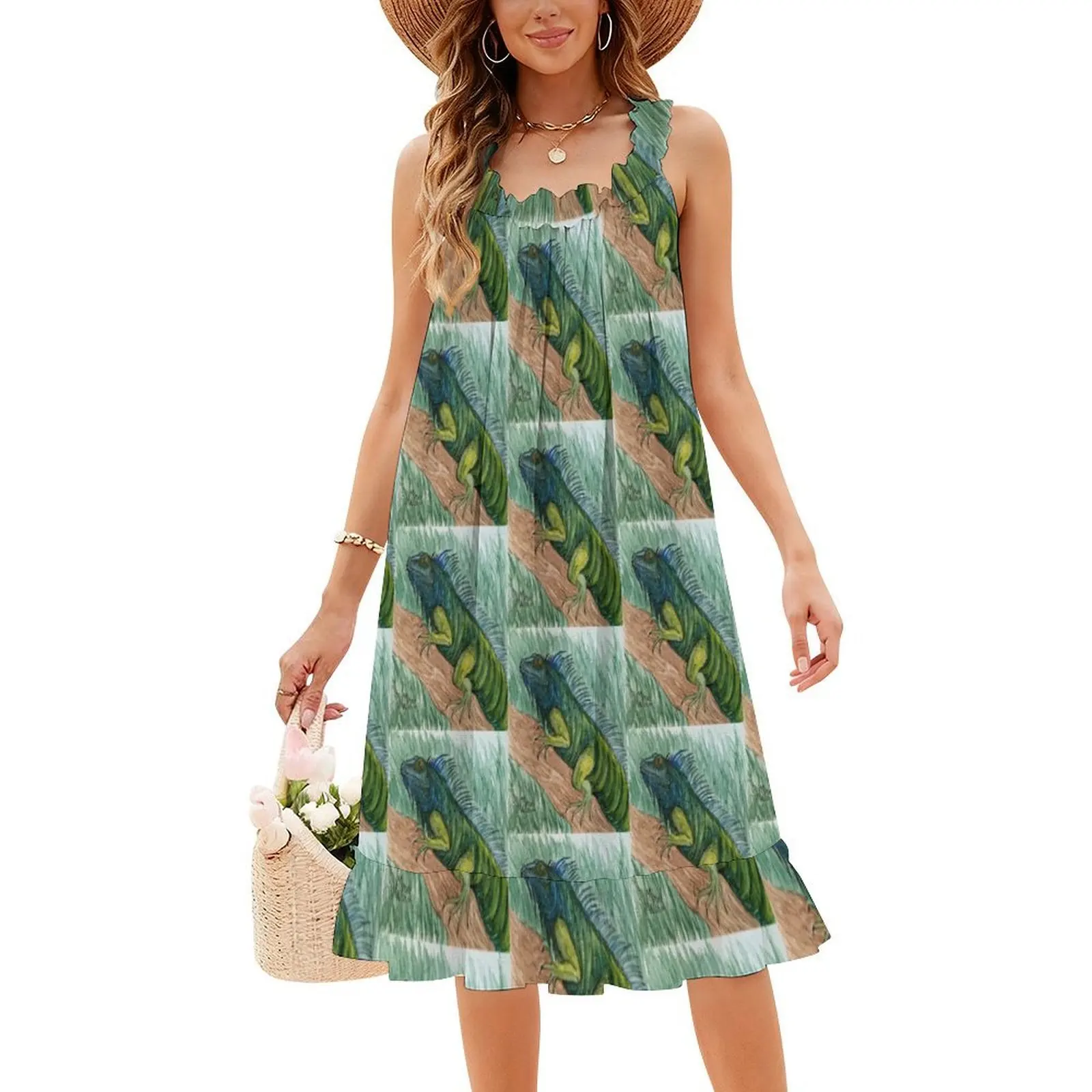 فستان بوهيمي عتيق من Iguana الاستوائي بأكمام منتفخة أو خيارات بدون أكمام للنساء فستان Mattstarr Iguana Lizard حيوانات الزواحف #4