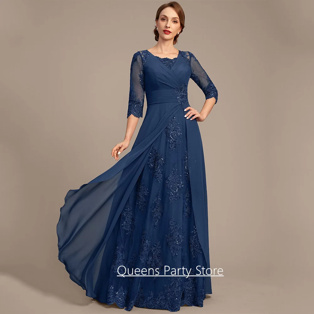 맞춤형 신부 어머니 드레스 3/4 소매 비즈 장식 스팽글 아플리케 바닥 길이 A라인 쉬폰 웨딩 게스트 가운