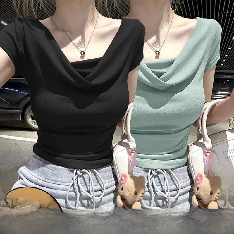 Modale Short Sleeve T-Shirt Women Summer Slim Fit Shoulder Bared Base Shirt Casual Commute Style Artistic Design Moisture Wic...