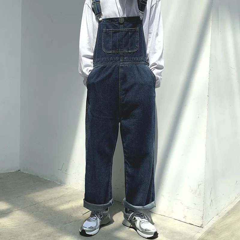 Men Denim Overalls Retro Japanese Style Loose Fit Straight Leg Adjustable Suspenders Casual Streetwear Pants for Everyday Wear - view 4