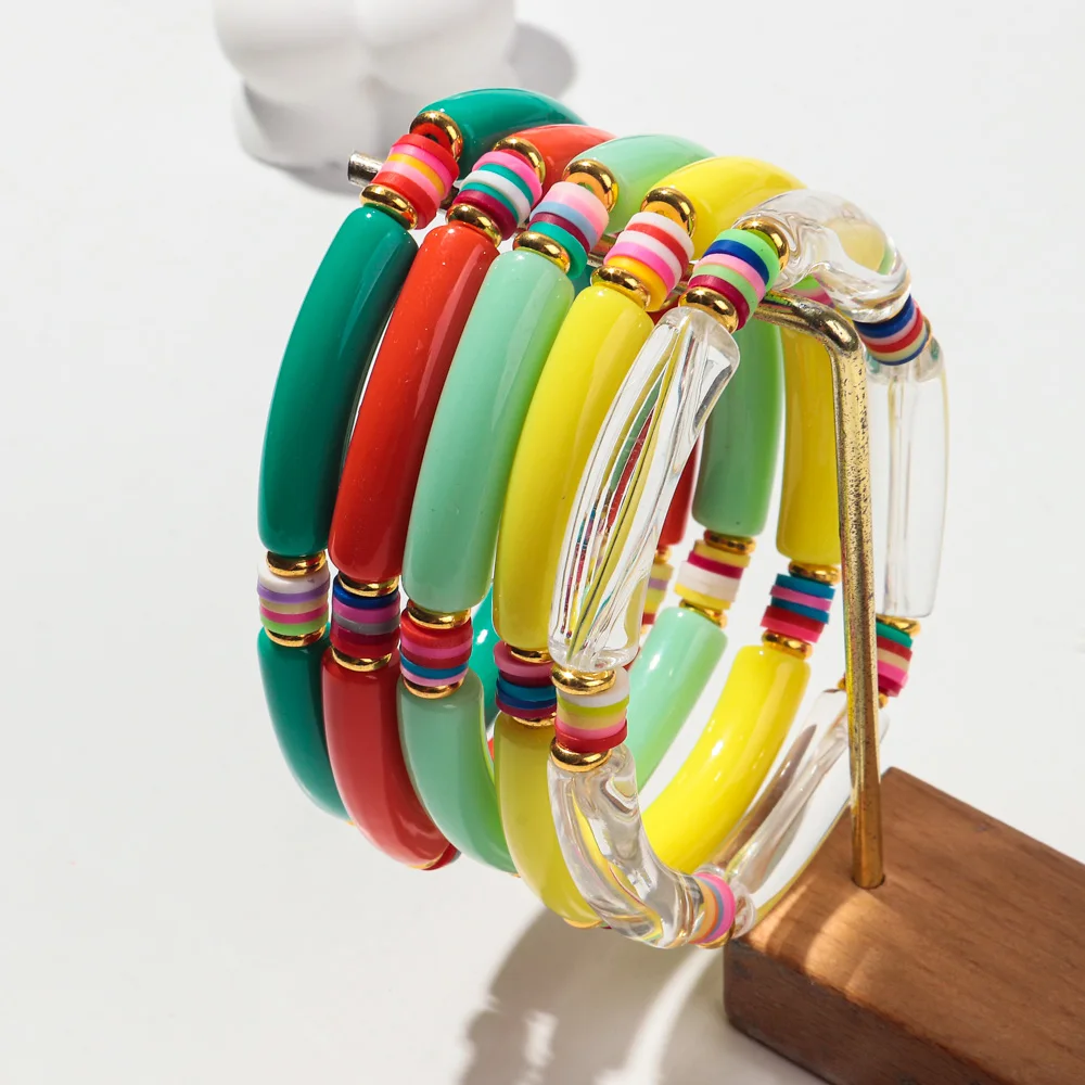 New Colorful Thin Bamboo Tube Women's Hand Bracelets Elastic Boho Polymer Clay Elbow Beads Cuff Bangles Friendship Jewelry Gift