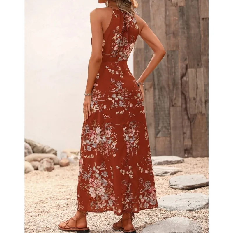 فستان بوهو النسائي للربيع والصيف مطبوع عليه زهور مكشوف الأكتاف يُباع بدون أكمام فستان أنيق للنساء فساتين ماكسي أنيقة للنساء