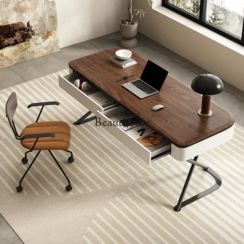 

FG28Simple Modern Desk Home Study Bedroom Saddle Leather Solid Wood Desk Walnut Leather