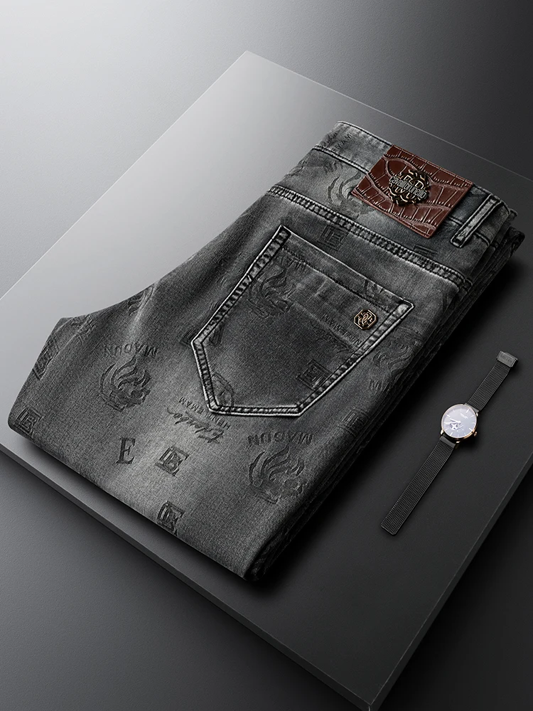 

Джинсы с рисунком, мужские узкие прямые повседневные брюки, весна-осень, модный бренд, хлопок, полиэстер с принтом...